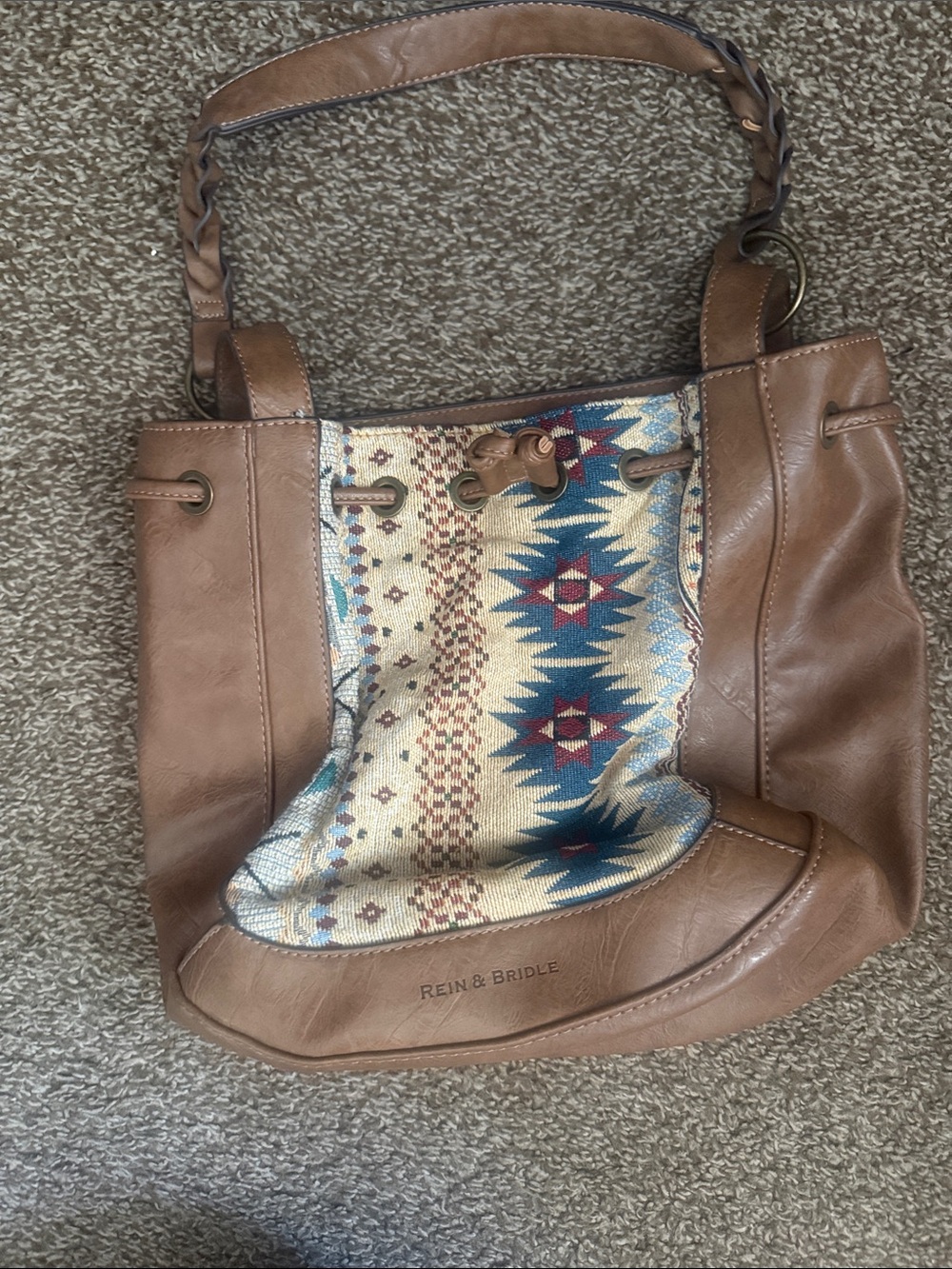 Brown Leather Tote with Aztec Accent